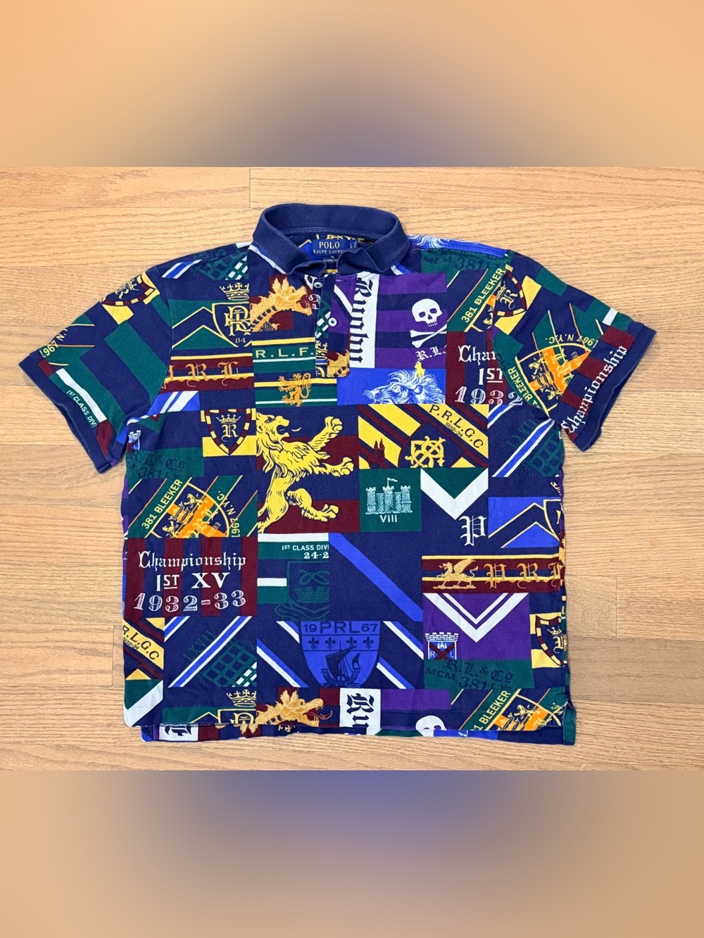 Polo by Ralph Lauren Patchwork Men’s Multicolor Crest Print Polo Shirt Sunfaded